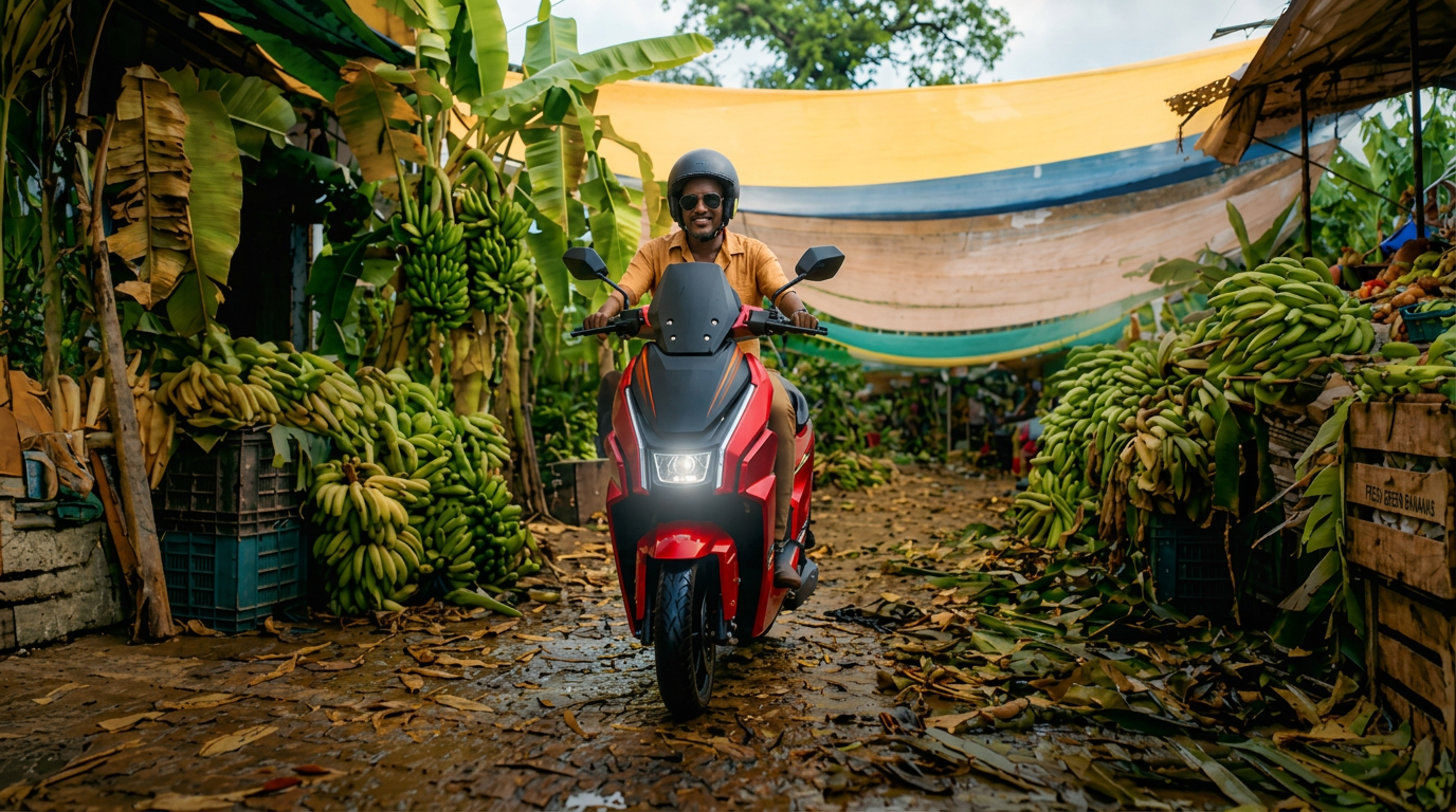 M POWER electric scooter ridden through a banana market